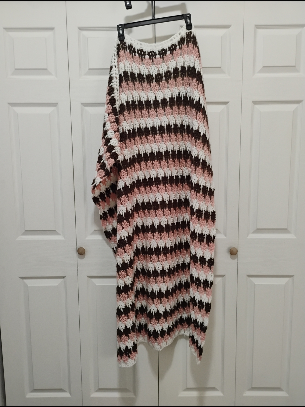 Striped Crochet Blanket Pink, White & Brown